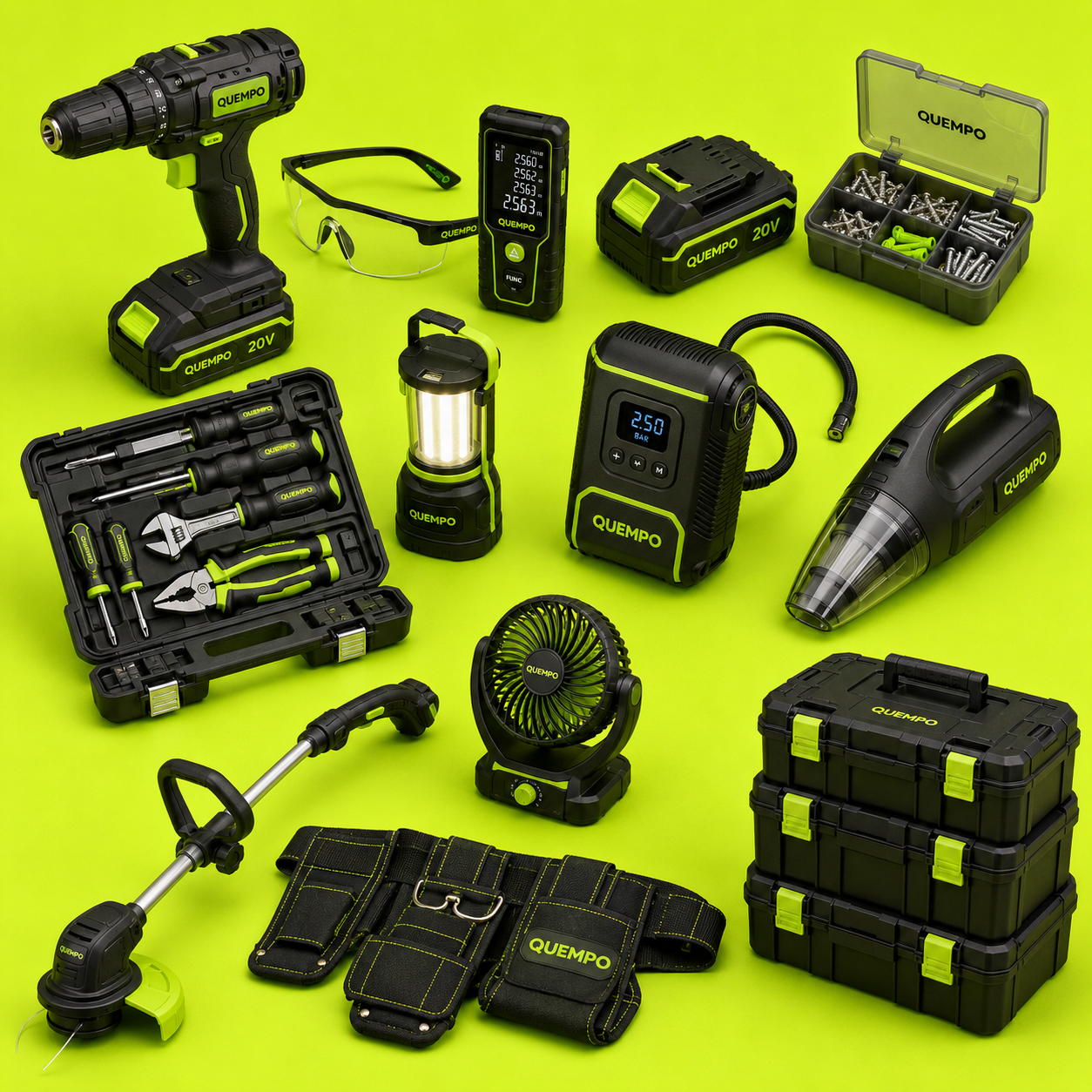 Composição QUEMPO em fundo branco: parafusadeira e kit de pontas preto com verde neon, luminária de casa, lanterna de camping e isolante térmico — ferramentas, casa e camping.